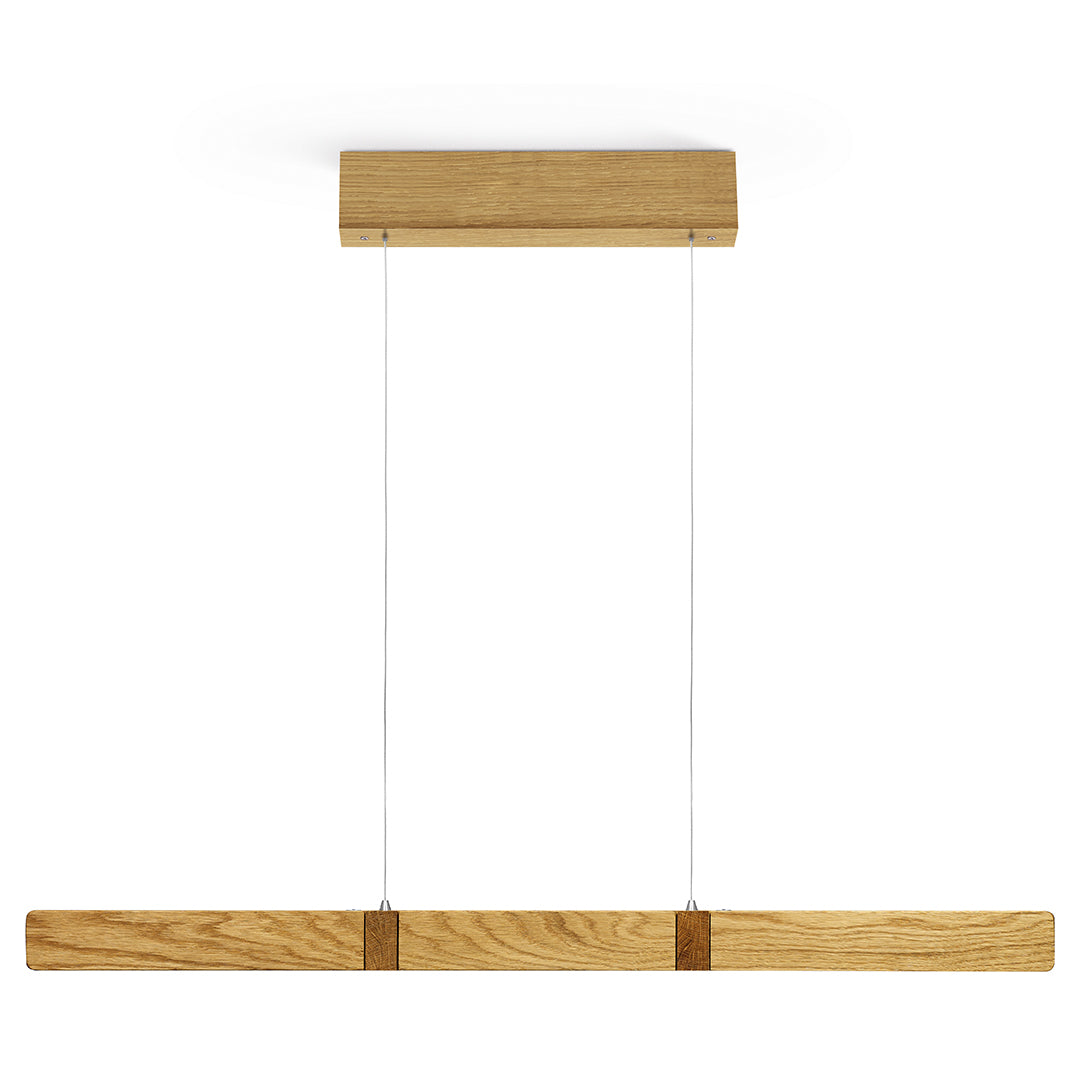 Balkenleuchte aus Asteiche geölt, Modell Marley, Holz Baldachin, 1000mm, Kopfholzapplikationen, Metall Nickel matt gebürstet, Up & Down Licht, dimmbar, Rollizug (höhenverstellbar), Frontalansicht