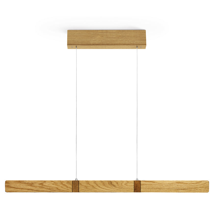 Balkenleuchte aus Asteiche geölt, Modell Marley, Holz Baldachin, 1000mm, Kopfholzapplikationen, Metall Nickel matt gebürstet, Up & Down Licht, dimmbar, Rollizug (höhenverstellbar), Frontalansicht