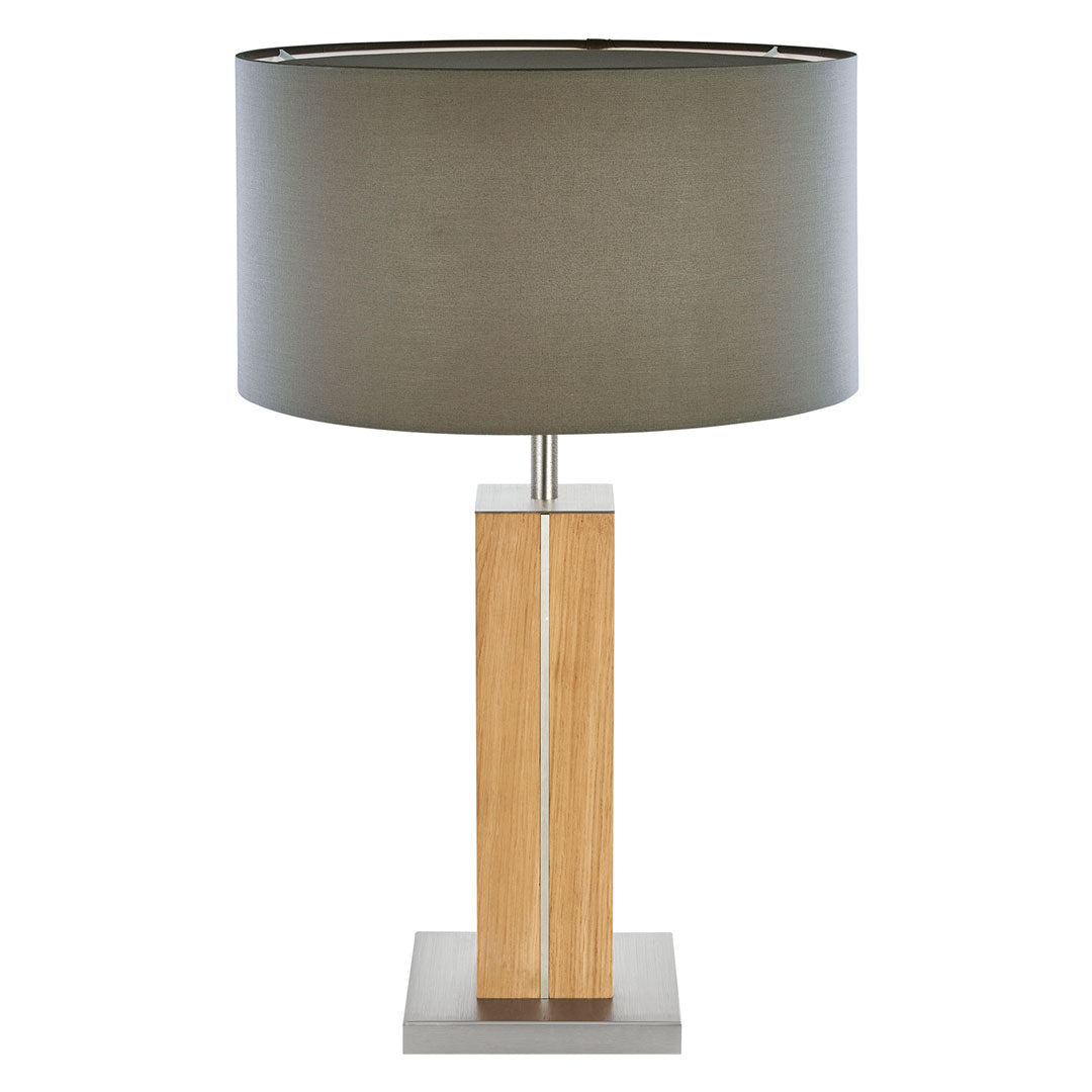 Hockerleuchte aus Asteiche geölt, Modell Dana, Applikationen in Nickel, Lampenschirm taupe