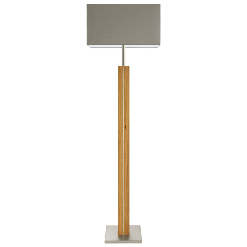 Stehleuchte aus Asteiche geölt, Modell Dana Q, eckiger Schirm Taupe, Nickel Applikationen, Frontalansicht