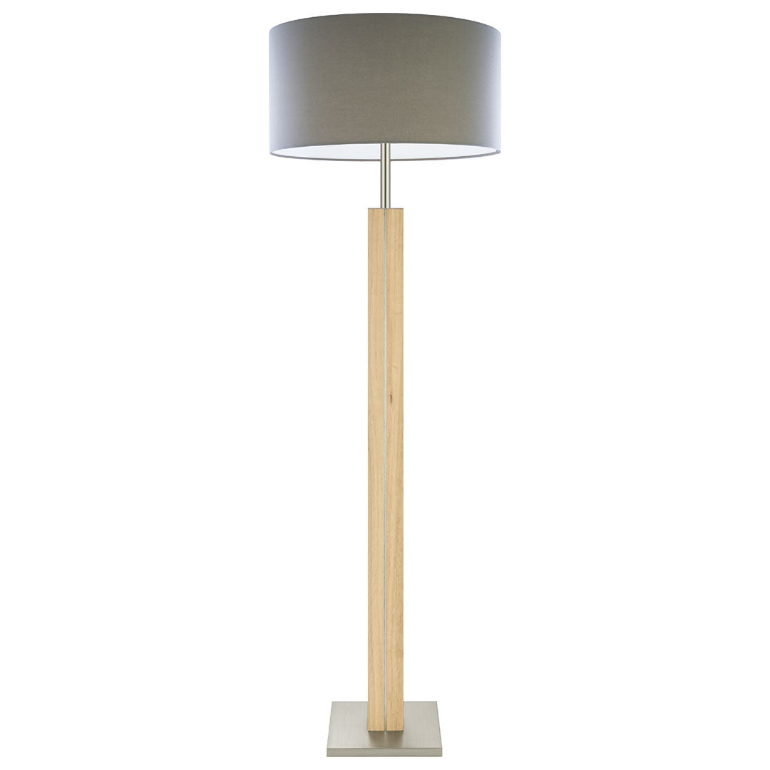 Stehleuchte aus Asteiche Natur, Modell Dana, Schirm Taupe mit Abdeckung, Nickel Applikationen, Frontalansicht