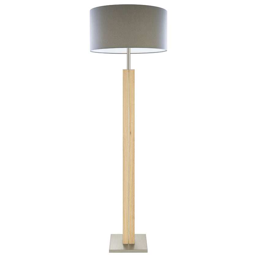 Stehleuchte aus Asteiche Natur, Modell Dana, Schirm Taupe mit Abdeckung, Nickel Applikationen, Frontalansicht