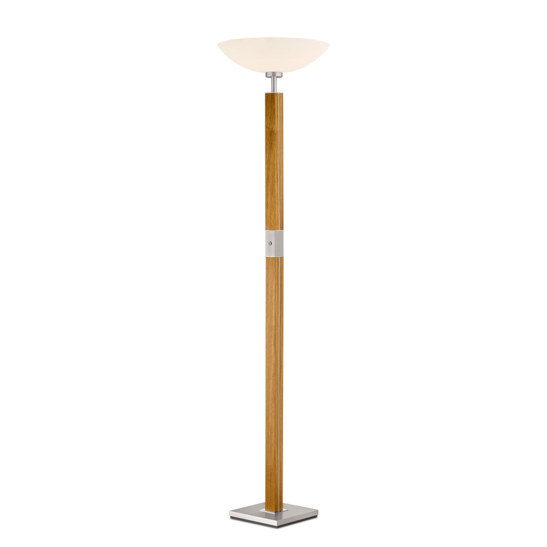 Stehleuchte, Fluter aus Asteiche geölt, Modell Dana, Optiwhite Glas nach oben offen, dimmbar, Nickel Applikationen, Seitenansicht