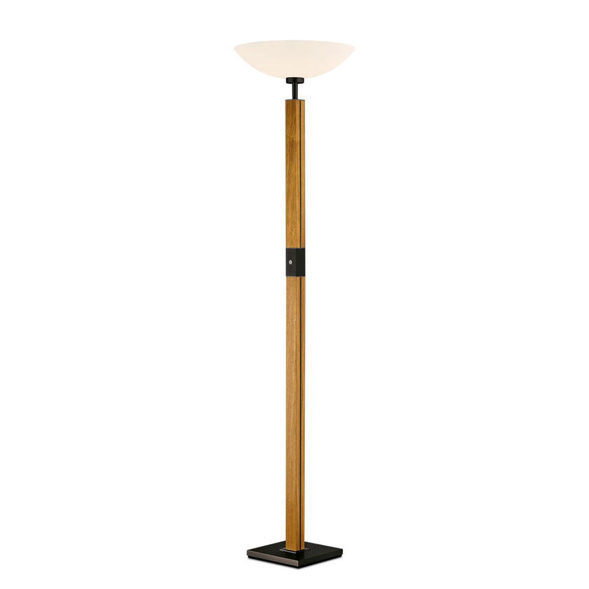 Stehleuchte, Fluter aus Asteiche geölt, Modell Dana, Optiwhite Glas nach oben offen, dimmbar, schwarze Applikationen, Seitenansicht