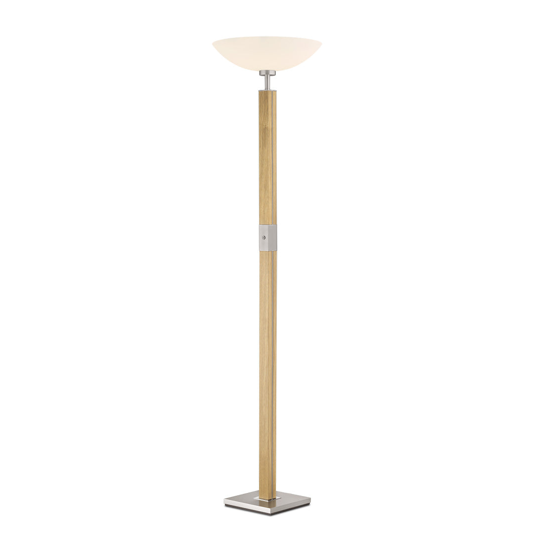 Stehleuchte, Fluter aus Asteiche Natur, Modell Dana, Optiwhite Glas nach oben offen, dimmbar, Nickel Applikationen, Seitenansicht