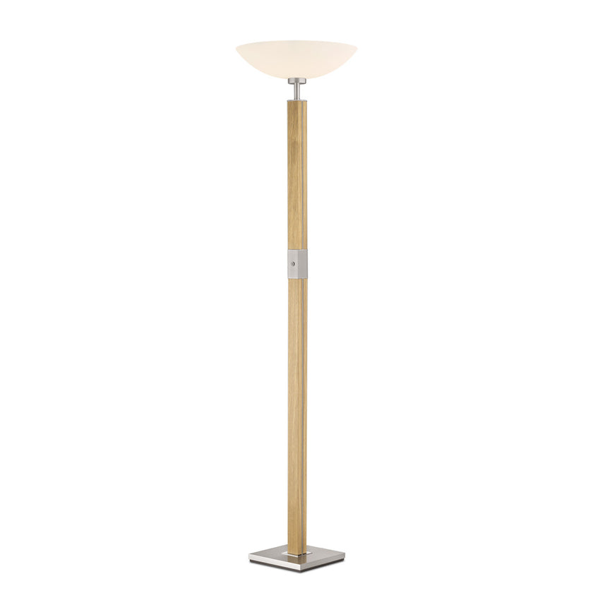 Stehleuchte, Fluter aus Asteiche Natur, Modell Dana, Optiwhite Glas nach oben offen, dimmbar, Nickel Applikationen, Seitenansicht