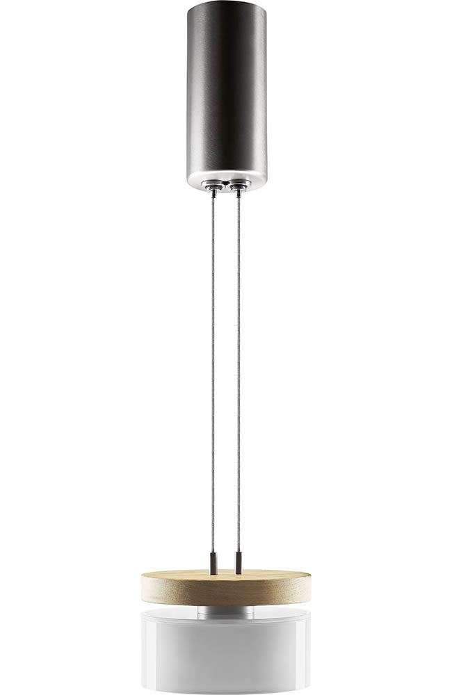 Pendelleuchte aus Asteiche Natur, Modell Estelle, Opalglas mit silberdetails, Nickel Applikationen, Frontalansicht