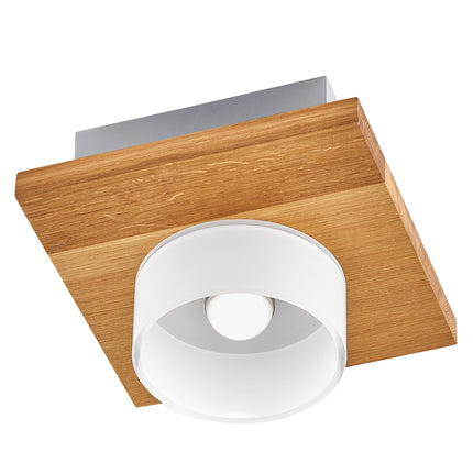 Deckenleuchte aus Asteiche geölt, Modell Estelle, 1-flammig, 200mm x 200mm x 140mm, Opalglas, Nickel Applikationen, Seitenansicht