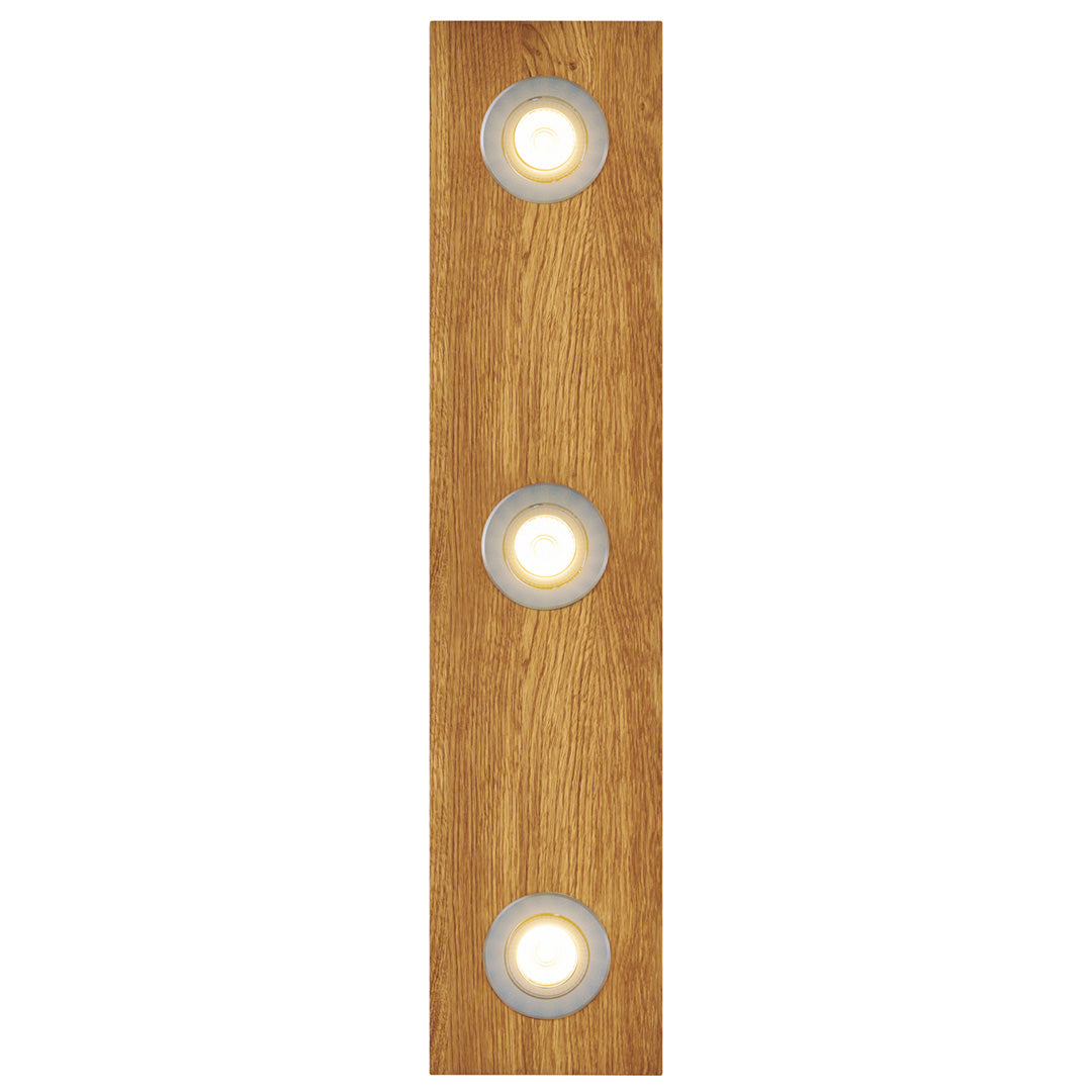Deckenleuchte aus Asteiche geölt, Modell Lennon, 3-flammig, 720mm x 160mm x 70mm, silberne Details, Dimmbar durch externen Dimmer, Frontalansicht