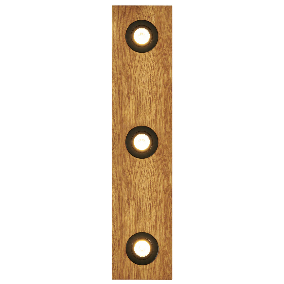 Deckenleuchte aus Asteiche geölt, Modell Lennon, 3-flammig, 720mm x 160mm x 70mm, schwarze Details, Dimmbar durch externen Dimmer, Frontalansicht