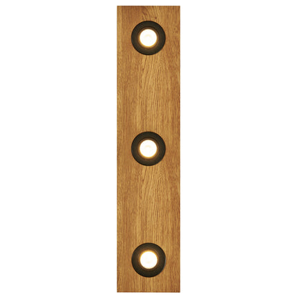 Deckenleuchte aus Asteiche geölt, Modell Lennon, 3-flammig, 720mm x 160mm x 70mm, schwarze Details, Dimmbar durch externen Dimmer, Frontalansicht