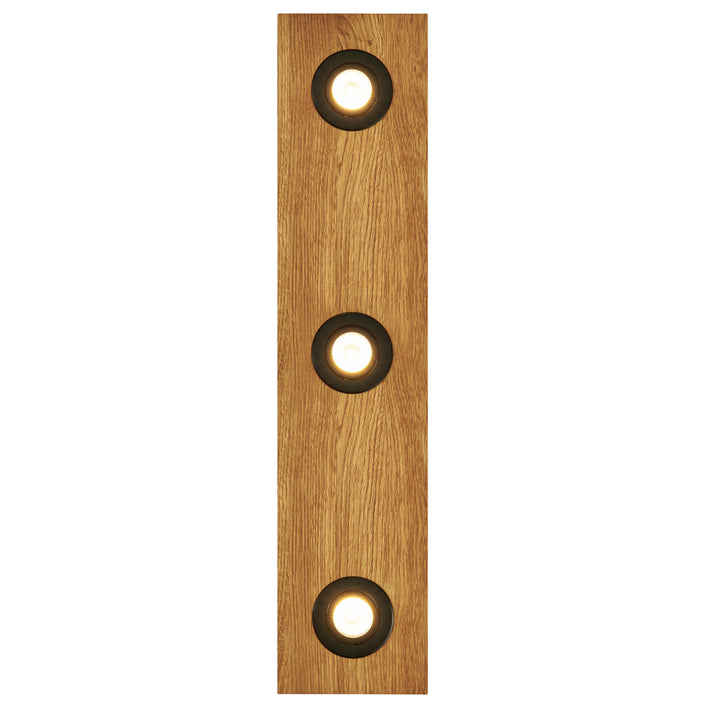 Deckenleuchte aus Asteiche geölt, Modell Lennon, 3-flammig, 720mm x 160mm x 70mm, schwarze Details, Dimmbar durch externen Dimmer, Frontalansicht