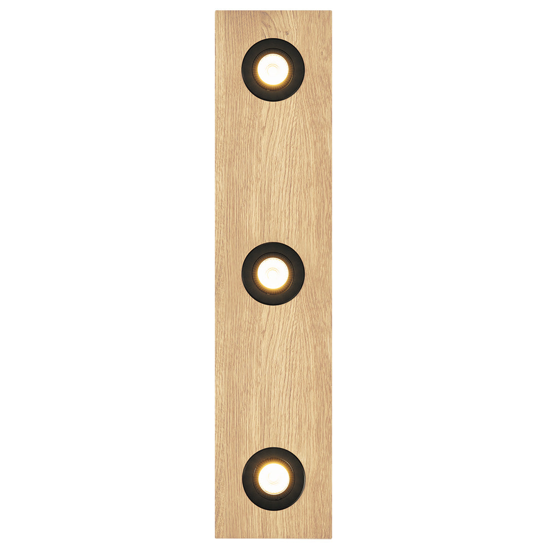 Deckenleuchte aus Asteiche Natur, Modell Lennon, 3-flammig, 720mm x 160mm x 70mm, schwarze Details, Dimmbar durch externen Dimmer, Frontalansicht