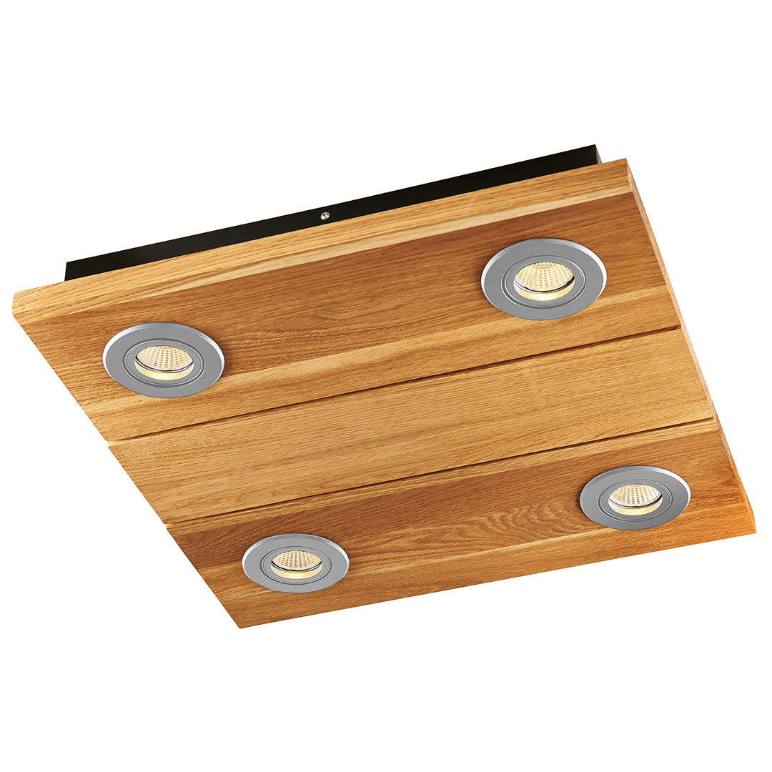 Deckenleuchte aus Asteiche geölt, Modell Lennon, 4-flammig, 440mm x 440mm x 70mm, silberne Details, Dimmbar durch externen Dimmer, Seitenansicht