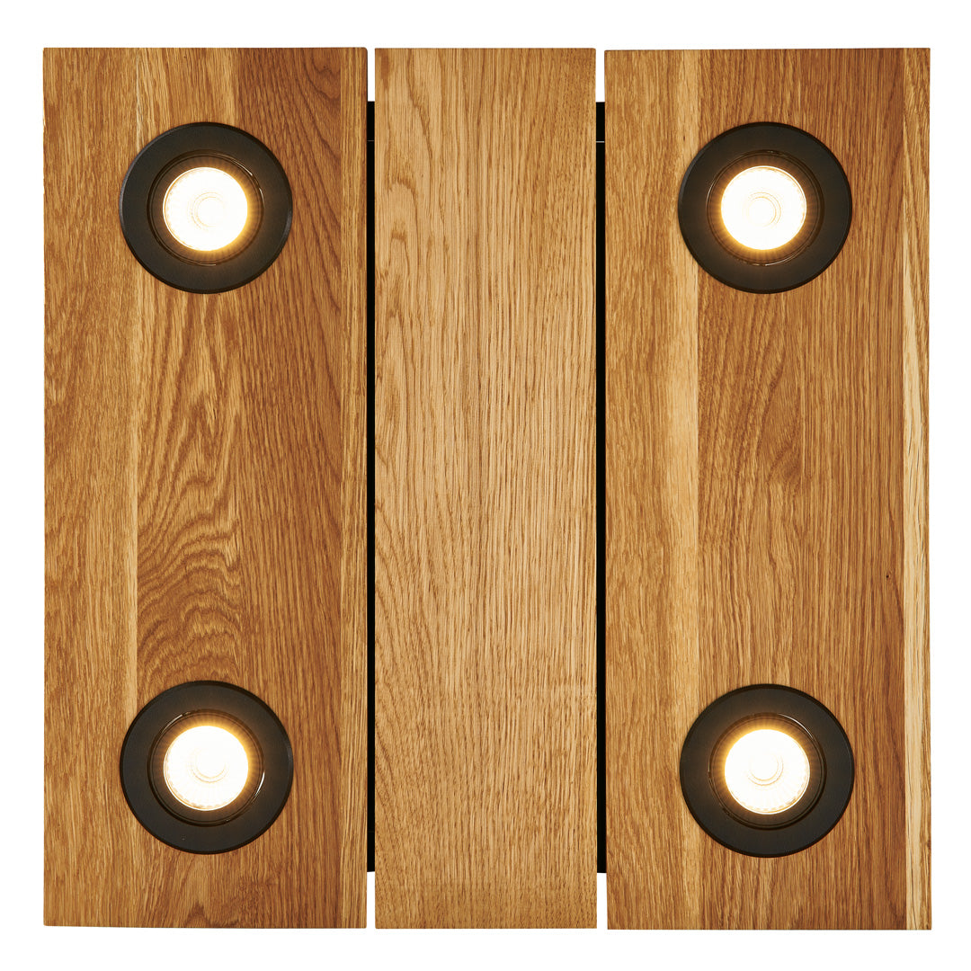 Deckenleuchte aus Asteiche geölt, Modell Lennon, 4-flammig, 440mm x 440mm x 70mm, schwarze Details, Dimmbar durch externen Dimmer, Frontalansicht
