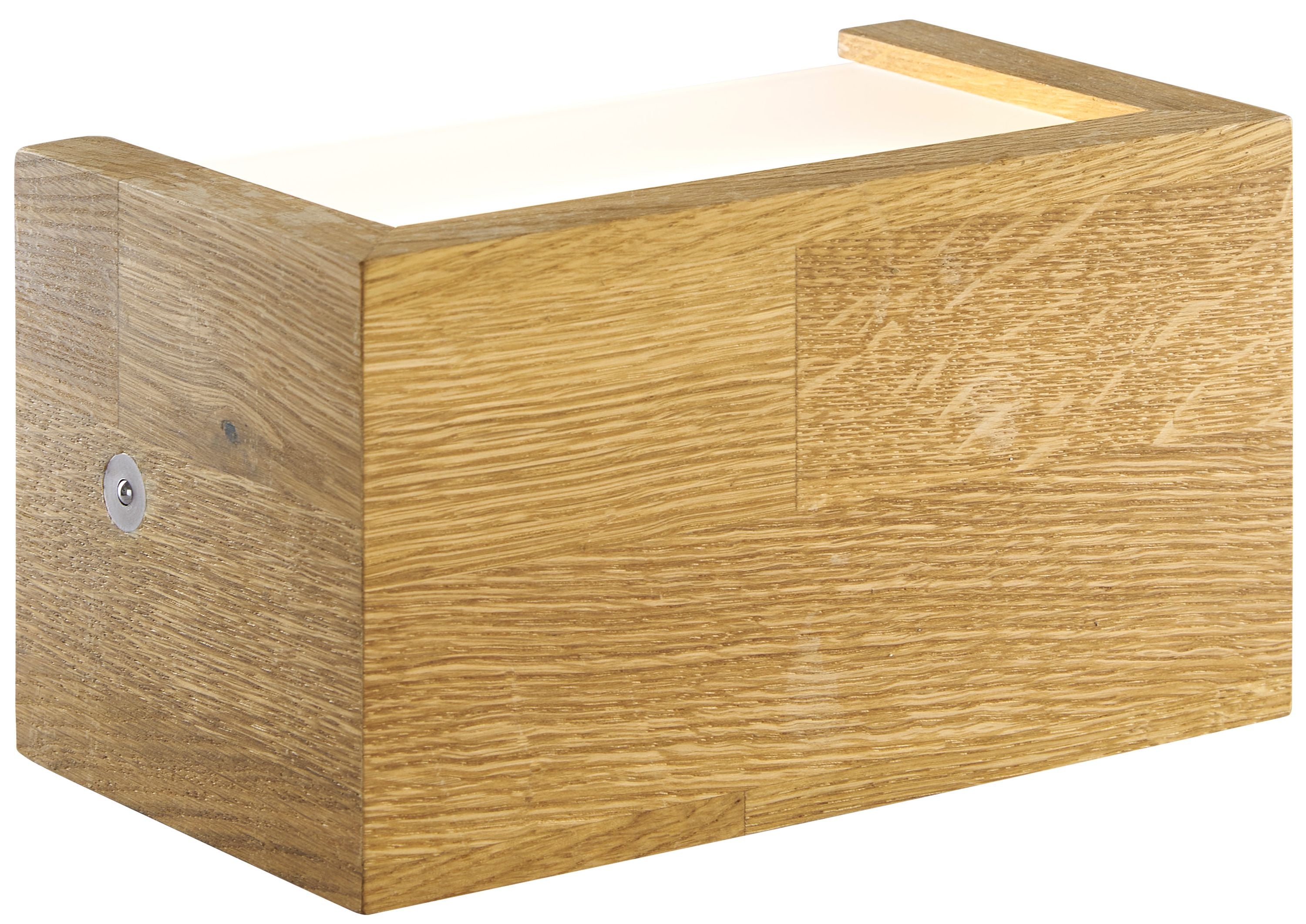 Wandleuchte Modell Timon, Asteiche geölt,LED, 21cm lang, 12cm breit, 12cm hoch, Ansicht schräg seitlich