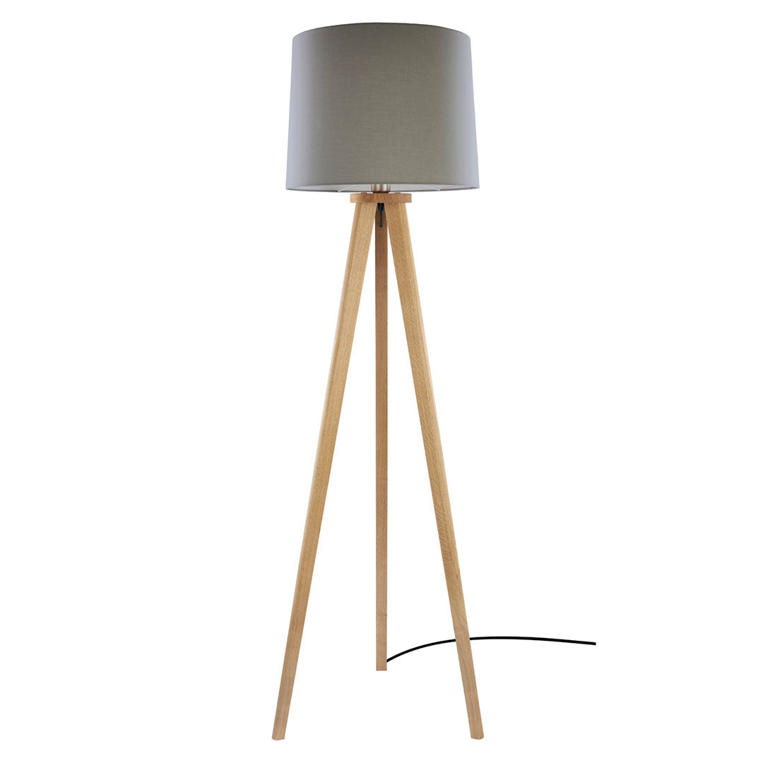 Stehleuchte aus Asteiche geölt, Modell Elli, taupe Schirm, Dreibein, Kabel in einem Fuß, Frontalansicht