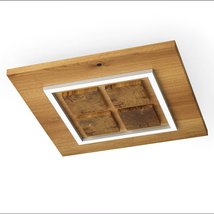 Deckenleuchte aus Asteiche geölt & Kopfholz, Modell Heart of Mio, LED, Nickel matt gebürstet, quadratisch, innen vier kleine Quadrate aus Kopfholz, Seitenansicht schräg