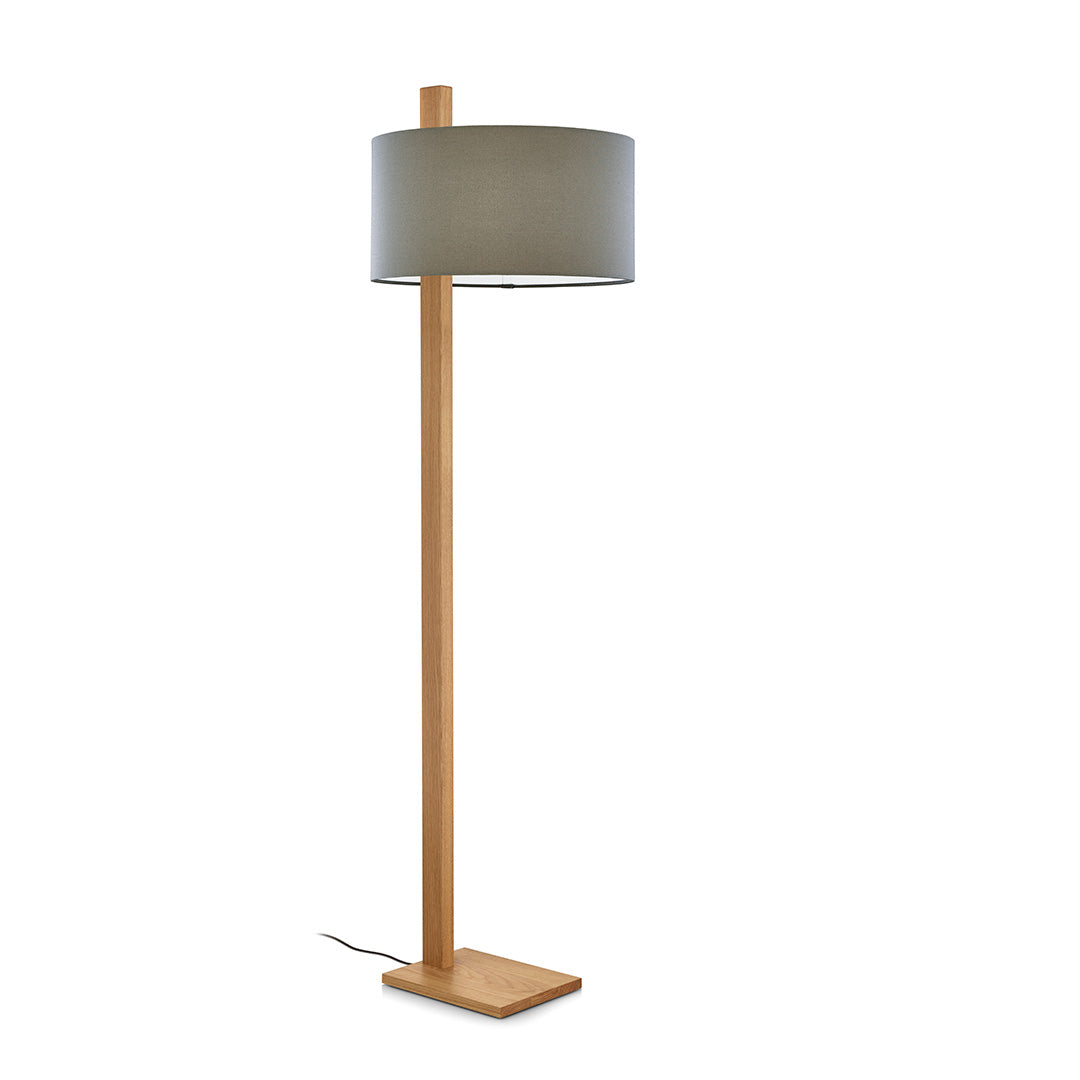 Stehleuchte aus Asteiche geölt, Modell Lydia, Schirm in Taupe, Metall Nickel matt gebürstet, Ansicht schräg