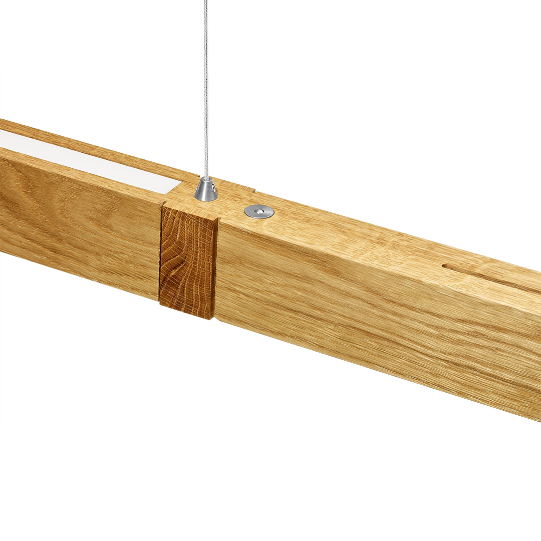 Balkenleuchte aus Asteiche geölt, Modell Marley, 1000mm, Kopfholzapplikationen, Metall Nickel matt gebürstet, Up & Down Licht, dimmbar, Details
