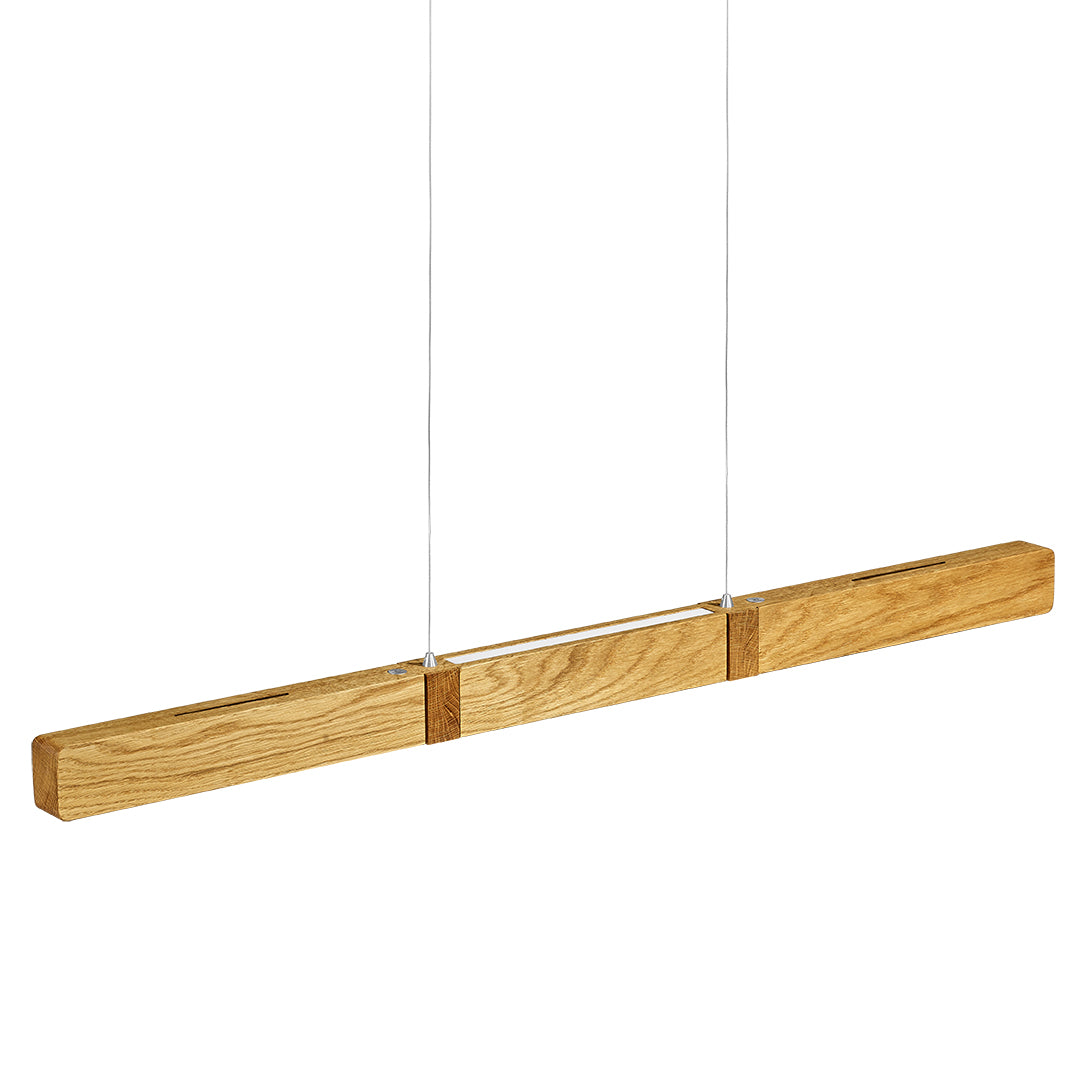 Balkenleuchte aus Asteiche geölt, Modell Marley, 1000mm, Kopfholzapplikationen, Metall Nickel matt gebürstet, Up & Down Licht, dimmbar, Ansicht schräg