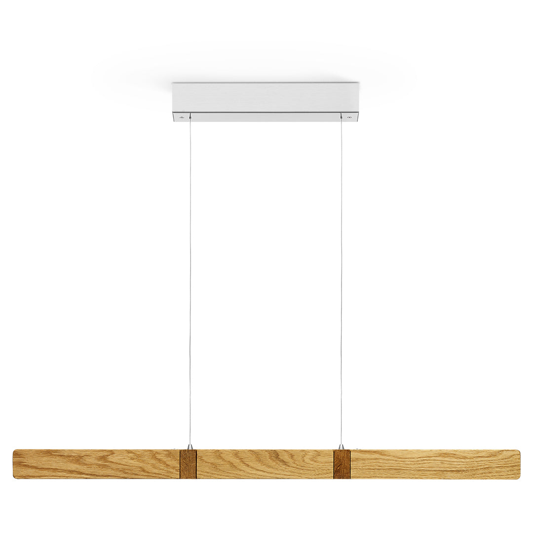 Balkenleuchte aus Asteiche geölt, Modell Marley, Nickel Baldachin, 1000mm, Kopfholzapplikationen, Metall Nickel matt gebürstet, Up & Down Licht, dimmbar, Rollizug (höhenverstellbar), Frontalansicht