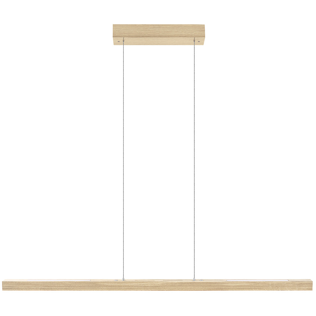 Balkenleuchte aus Asteiche Natur, Modell Hermann, Rollizug, Baldachin Holz Natur, LED Up & Down, 1300mm lang, Frontalansicht