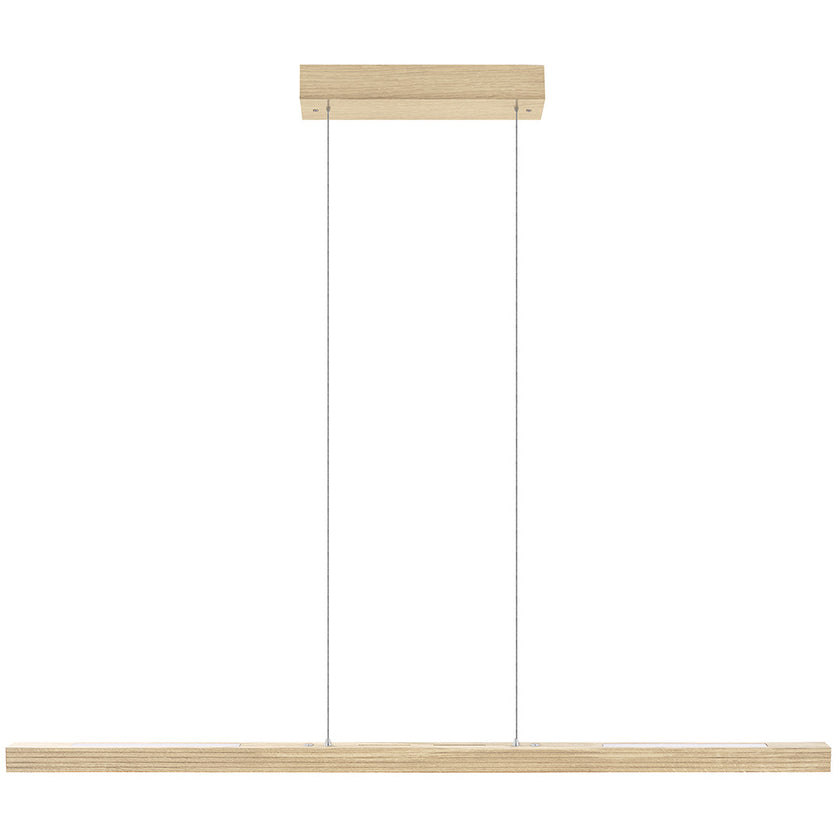 Balkenleuchte aus Asteiche Natur, Modell Hermann, Rollizug, Baldachin Holz Natur, LED Up & Down, 1300mm lang, Frontalansicht