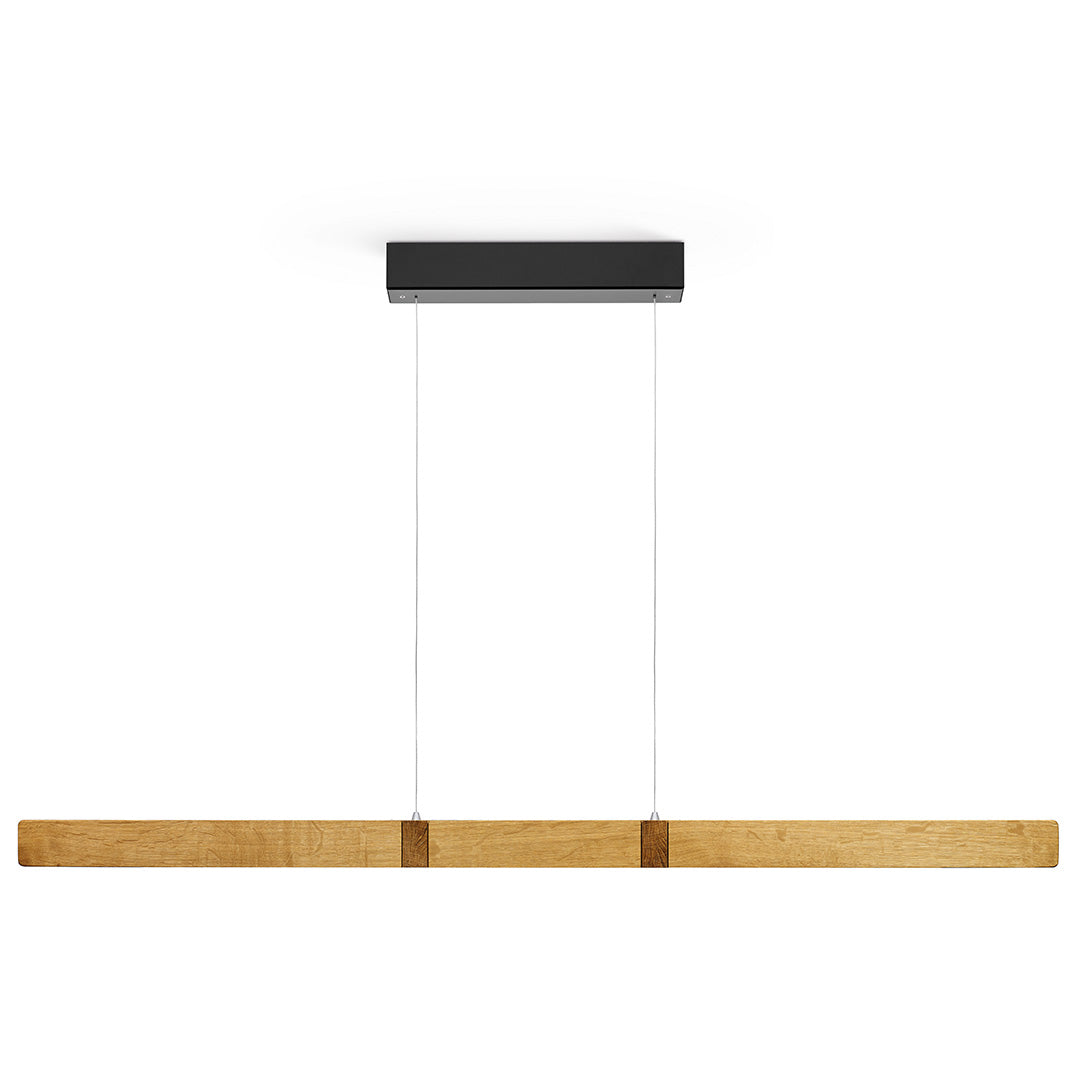 Balkenleuchte aus Asteiche geölt, Modell Marley, schwarzer Baldachin, 1300mm, Kopfholzapplikationen, Metall Nickel matt gebürstet, Up & Down Licht, dimmbar, Rollizug (höhenverstellbar), Frontalansicht