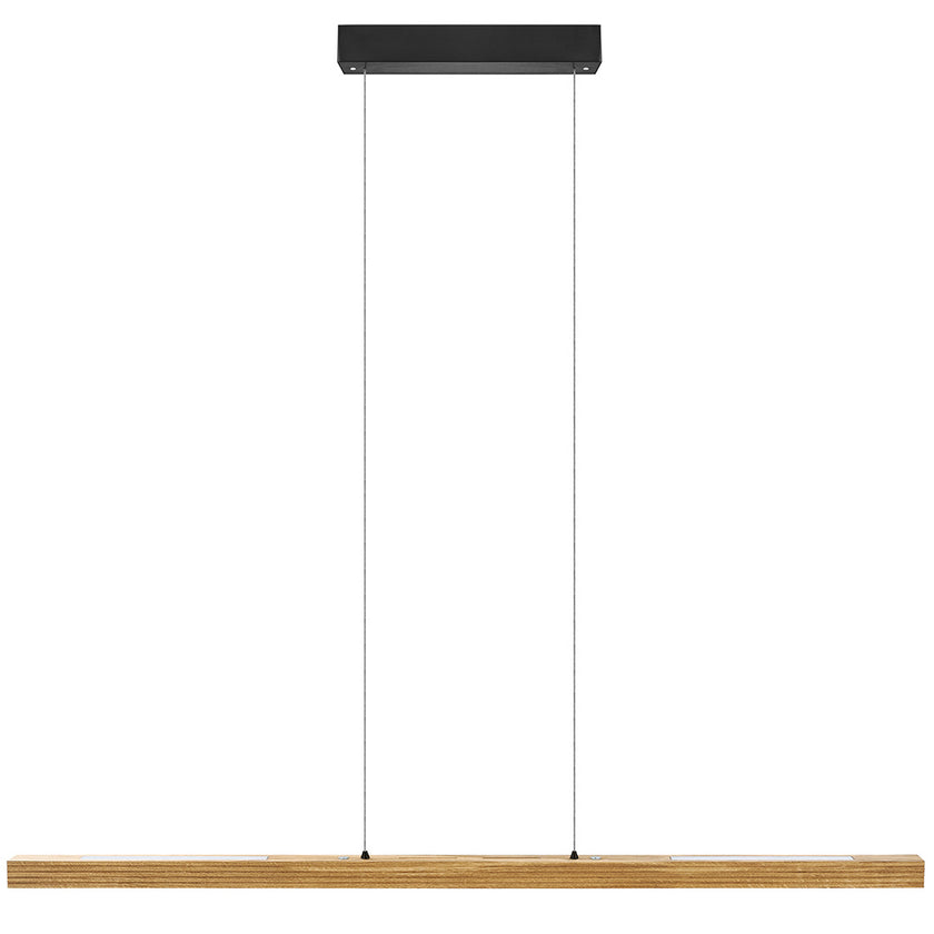 Balkenleuchte aus Asteiche geölt, Modell Hermann, Rollizug, Baldachin schwarz, LED Up & Down, 1300mm lang, Frontalansicht