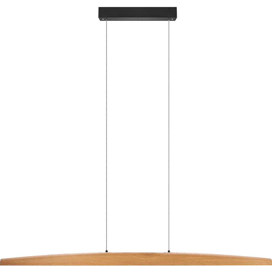 Balkenleuchte aus Asteiche geölt, Modell Arco, mit Rollizug, Baldachin schwarz, Ansicht frontal, 1300mm