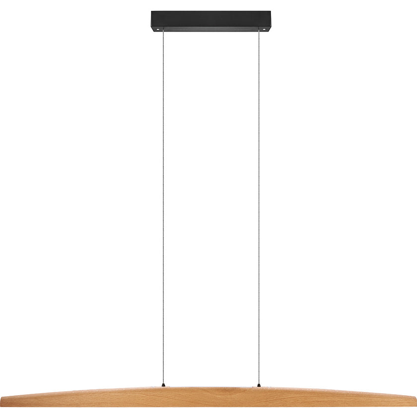 Balkenleuchte aus Asteiche geölt, Modell Arco, mit Rollizug, Baldachin schwarz, Ansicht frontal, 1300mm