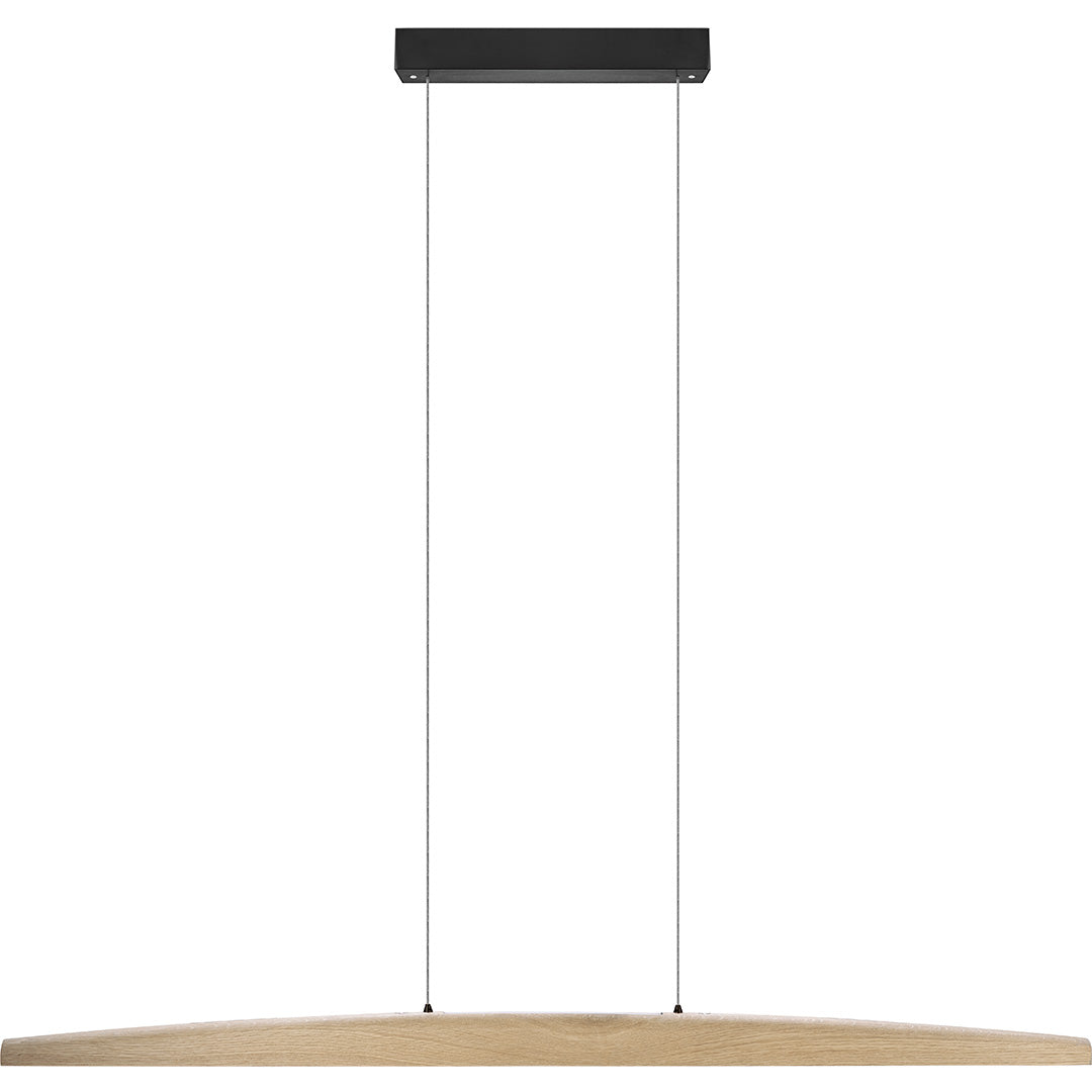 Balkenleuchte aus Asteiche natur, Modell Arco, mit Rollizug, Baldachin schwarz, Ansicht frontal, 1300mm