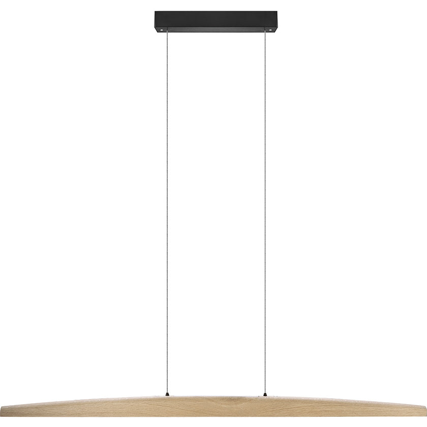 Balkenleuchte aus Asteiche natur, Modell Arco, mit Rollizug, Baldachin schwarz, Ansicht frontal, 1300mm