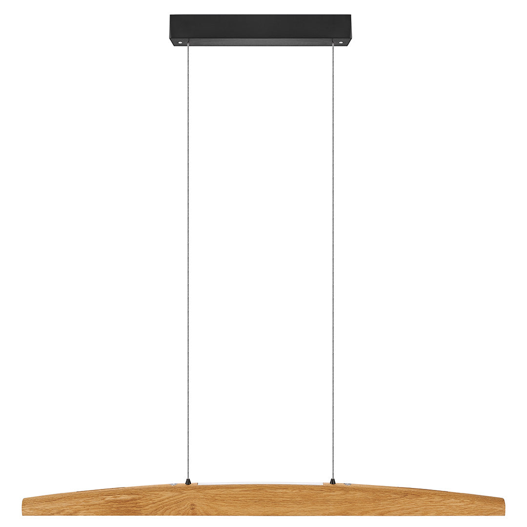 Balkenleuchte aus Asteiche geölt, Modell Arco, mit Rollizug, Baldachin schwarz, Ansicht frontal, 1000mm