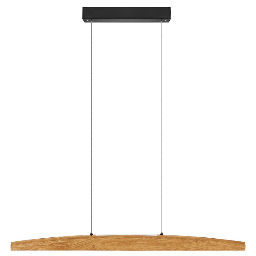 Balkenleuchte aus Asteiche geölt, Modell Arco, mit Rollizug, Baldachin schwarz, Ansicht frontal, 1000mm