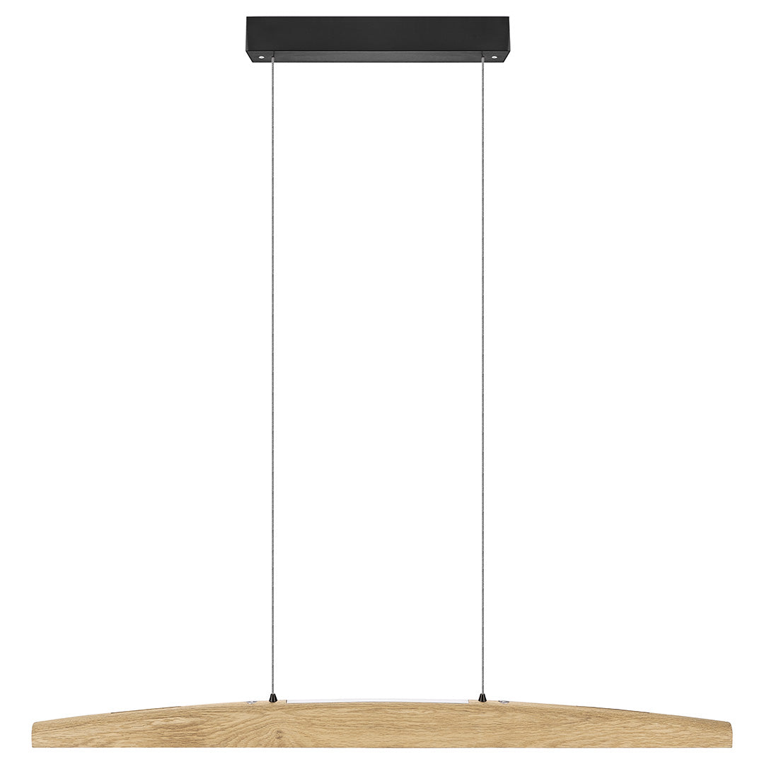 Balkenleuchte aus Asteiche natur, Modell Arco, mit Rollizug, Baldachin schwarz, Ansicht frontal, 1000mm