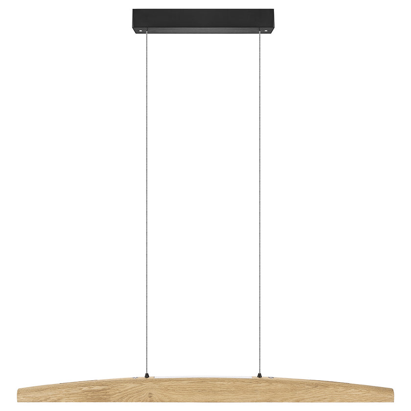 Balkenleuchte aus Asteiche natur, Modell Arco, mit Rollizug, Baldachin schwarz, Ansicht frontal, 1000mm
