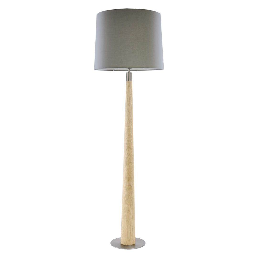 Stehleuchte aus Asteiche natur, Modell Conico, Lampenschirm taupe, Fuß Nickel gebürstet