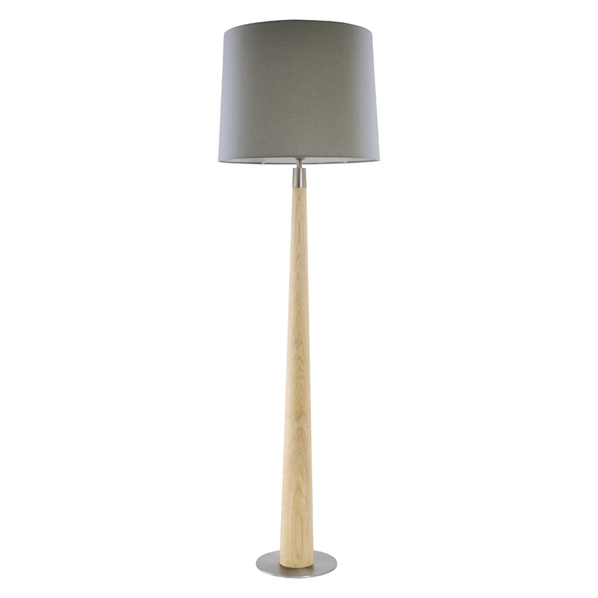 Stehleuchte aus Asteiche natur, Modell Conico, Lampenschirm taupe, Fuß Nickel gebürstet