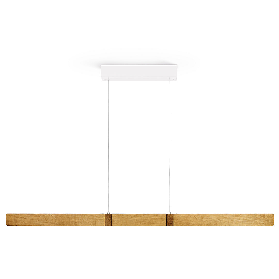 Balkenleuchte aus Asteiche geölt, Modell Marley, weißer Baldachin, 1300mm, Kopfholzapplikationen, Metall Nickel matt gebürstet, Up & Down Licht, dimmbar, Rollizug (höhenverstellbar), Frontalansicht