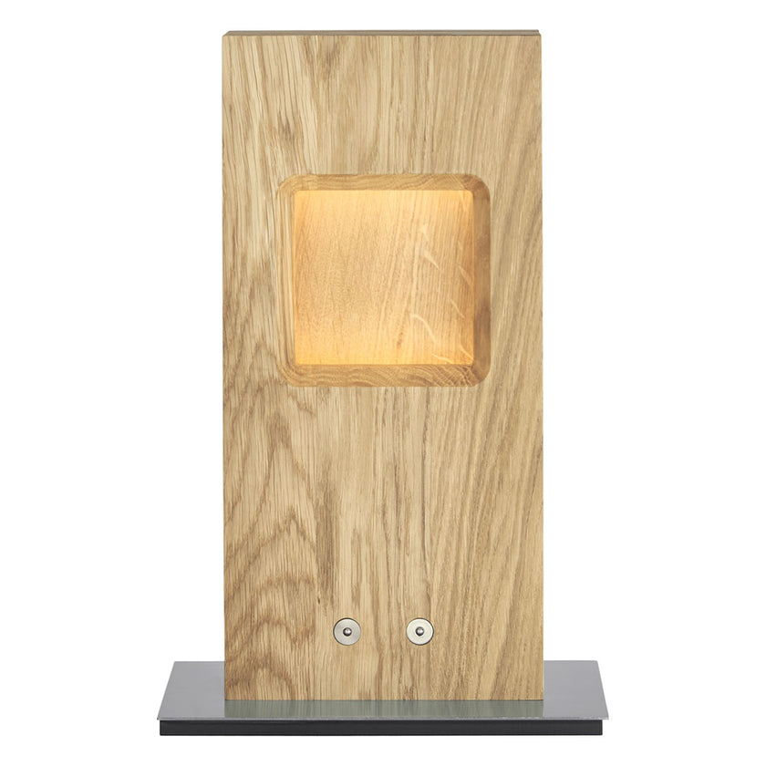 Hockerleuchte, Asteiche Natur, Modell Pan, LED, Metall Nickel gebürstet, Frontalansicht