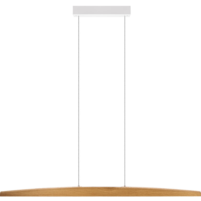 Balkenleuchte aus Asteiche geölt, Modell Arco, mit Rollizug, Baldachin weiß, Ansicht frontal, 1300mm