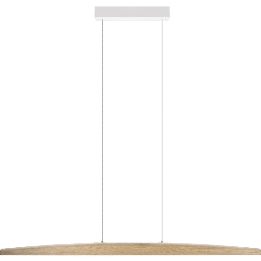 Balkenleuchte aus Asteiche natur, Modell Arco, mit Rollizug, Baldachin weiß, Ansicht frontal, 1300mm