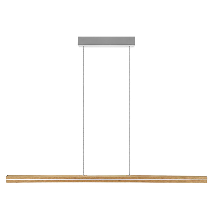 Balkenleuchte aus Asteiche geölt, Modell Dana, mit Rollizug, Applikationen in Nicke gebürstet, Ansicht frontal, 1300mm