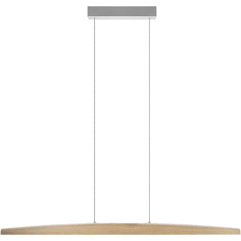 Balkenleuchte aus Asteiche natur, Modell Arco, mit Rollizug, Metall Nickel gebürstet, Ansicht frontal, 1300mm