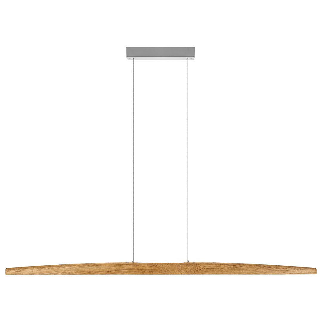 Balkenleuchte aus Asteiche geölt, Modell Arco, mit Rollizug, Metall Nickel gebürstet, Ansicht frontal, 1700mm