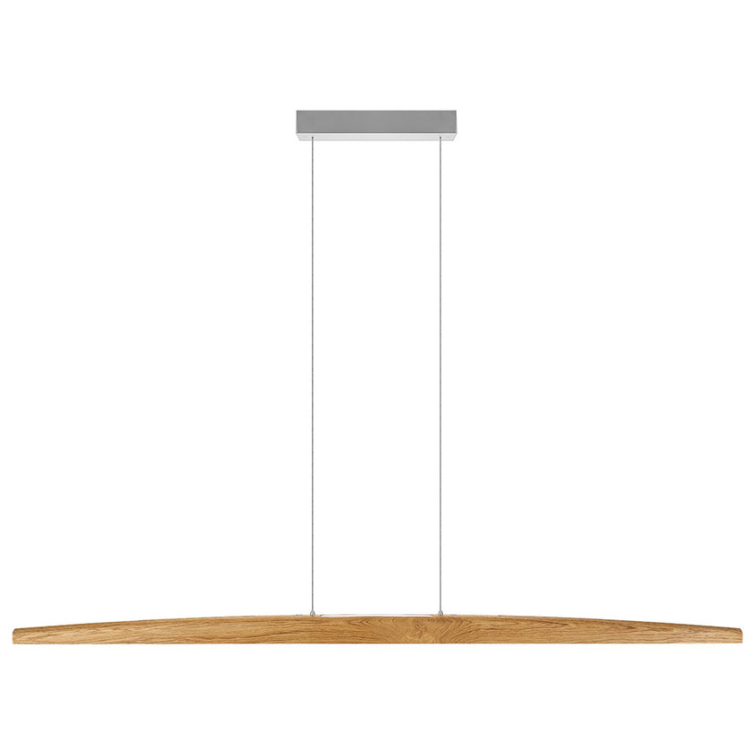 Balkenleuchte aus Asteiche geölt, Modell Arco, mit Rollizug, Metall Nickel gebürstet, Ansicht frontal, 1700mm