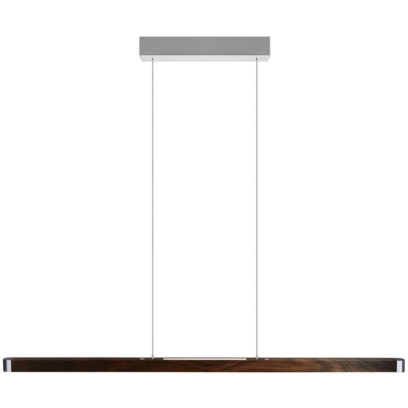Balkenleuchte aus Nussbaum, Modell Novelie, Nickel Baldachin, Metall Nickel matt gebürstet, Alu LED Leiste, Rollizüge (höhenverstellbar), dimmbar, Frontalansicht