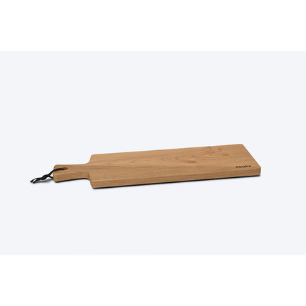 Servierbrett oder Schneidebrett aus Eichenholz Natur mit Griff und schwarzem Lederband zum aufhängen, 600mm x 18mm x 25mm